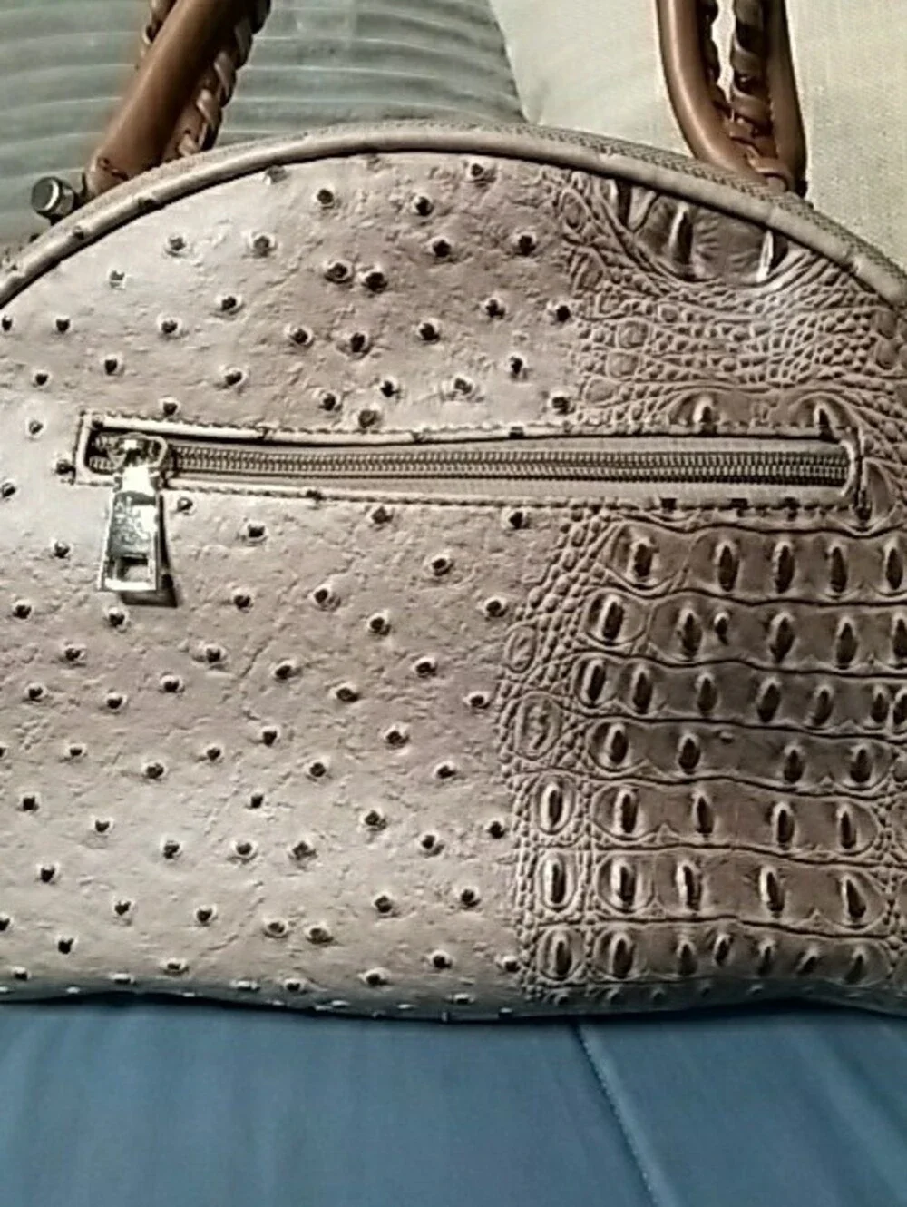 Structured Faux-Ostrich Dome Satchel Large
